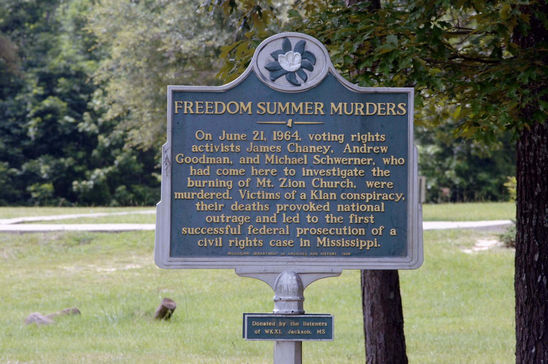 Historical marker near the Mt. Zion United Methodist Church serves as a reminder of the murders of three men, James Chaney, Michael Schwerner and Andrew Goodman June 10, 2005 in Philadelphia, Mississippi. <br/>